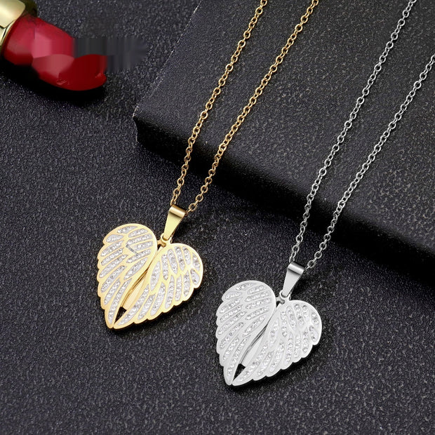 Laser Letter Angel Wings Full Diamond Heart-shaped Necklace