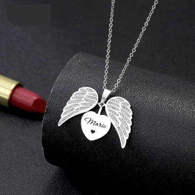 Laser Letter Angel Wings Full Diamond Heart-shaped Necklace