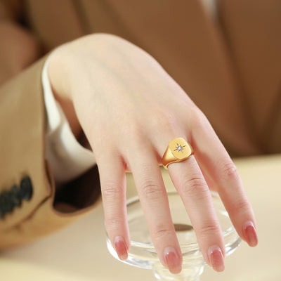 Stainless Steel Single Zircon Eight Awn Star Geometric Ring Gold