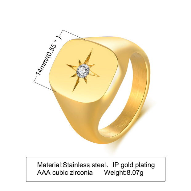 Stainless Steel Single Zircon Eight Awn Star Geometric Ring Gold