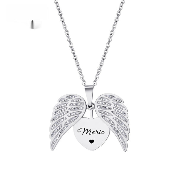 Laser Letter Angel Wings Full Diamond Heart-shaped Necklace