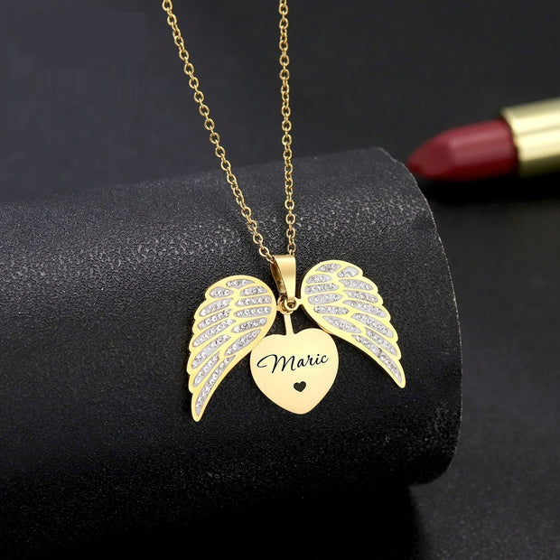 Laser Letter Angel Wings Full Diamond Heart-shaped Necklace